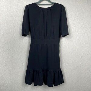 Cynthia Steffe Black Ruffle Hem Tiered Puff Sleeve Dress Tie Back Waist 10